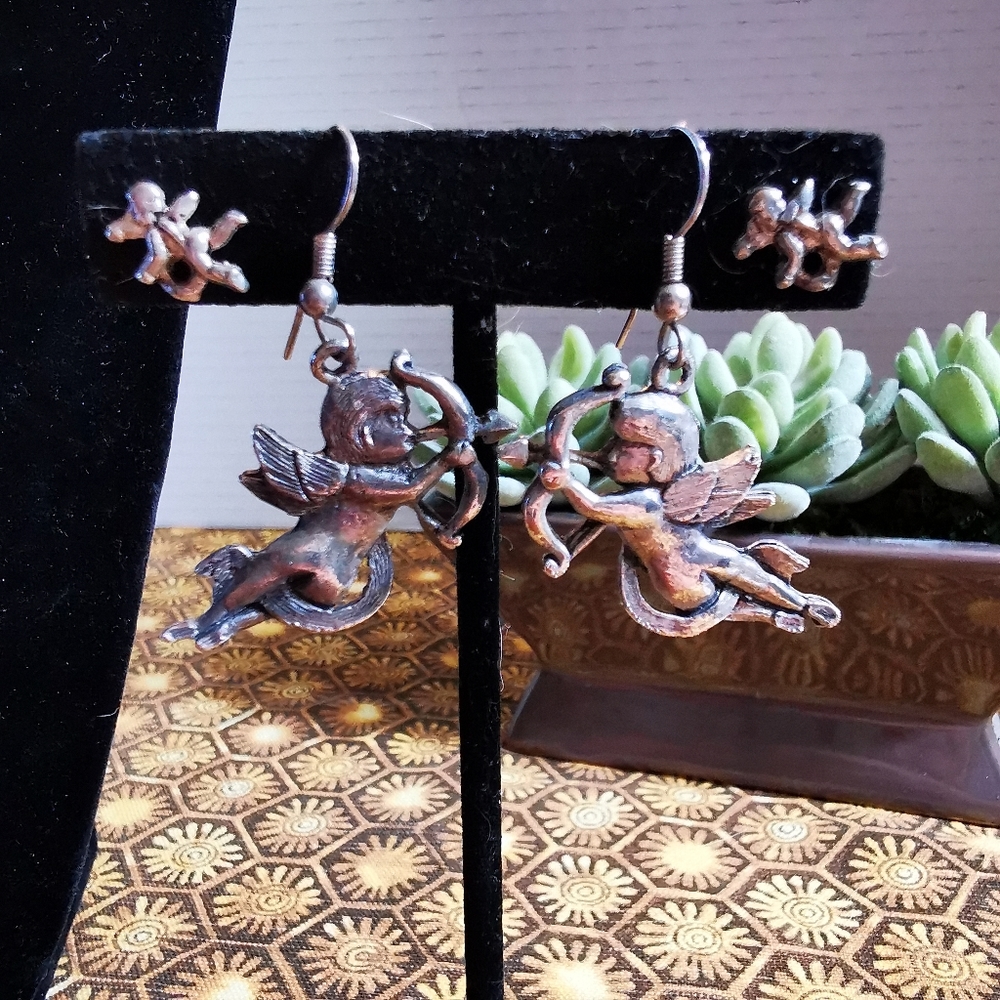 Two Pair of Pewter Tone Cherub Pierced Earrings